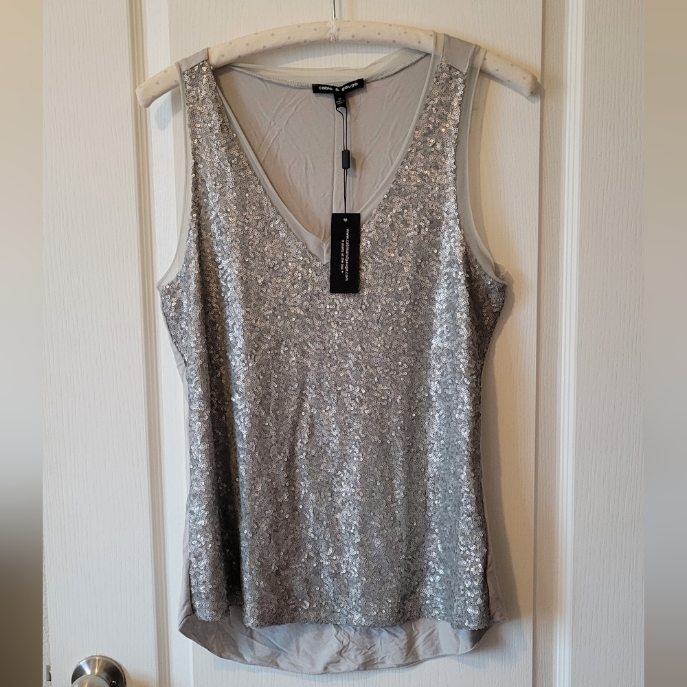 New, silver sequined v neck top